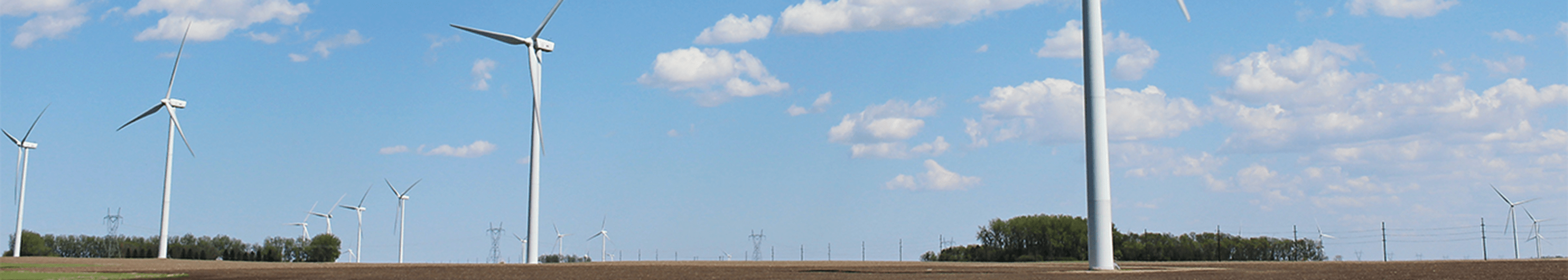 Many wind turbines on a green field with blue skies